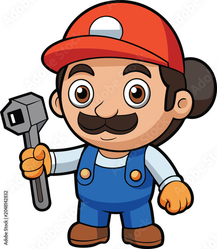Cartoon plumber character holding a wrench