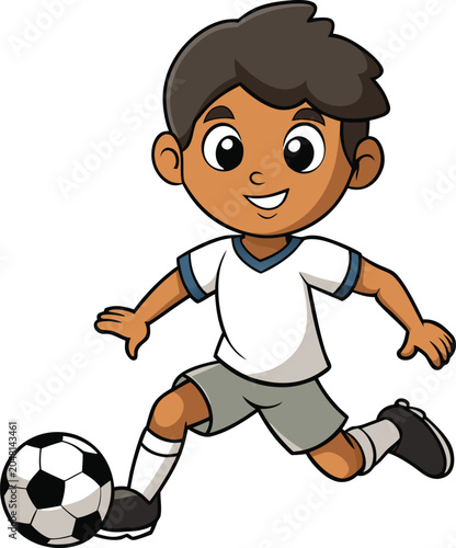 Cartoon illustration of a young boy playing soccer