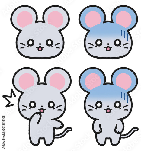 ビックリ、ショック、驚いている表情のネズミのイラストセット