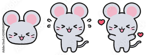 嬉しい、照れているネズミのイラストセット