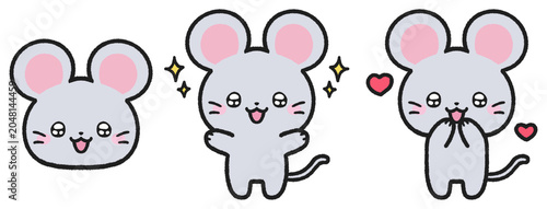 キラキラとした目で嬉しそうなネズミのイラストセット