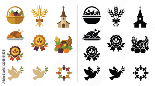 Obraz na plátně Set of Thanksgiving icons in color and silhouette, including a harvest basket, wheat, church, turkey, ribbon badges, cornucopia, and doves