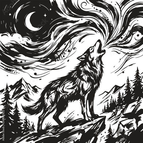 Fotografi Wolf howling at crescent moon artistic graphic illustration with crescent