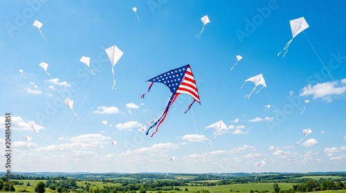 Patriotic kite soaring in the sky symbolizing freedom, optimism, celebration, and the American spirit.
