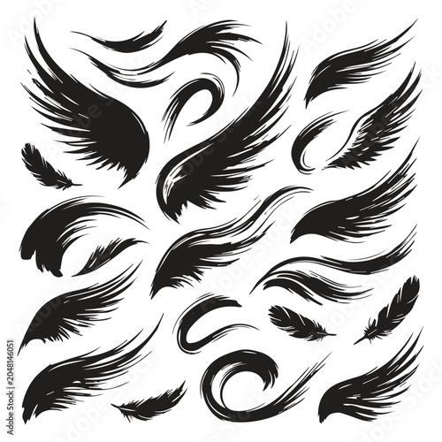 Konstfotografi Detailed ink brush wing elements and feathers collection with feathers, abstract
