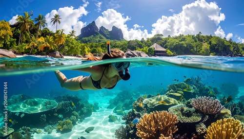 A woman snorkels over a vibrant coral reef, with a tropical island backdrop