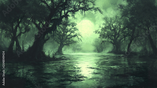 Eerie haunted swamp with green mist rising over dark water and gnarled trees, creating mysterious and spooky atmosphere under glowing moonlight sky
