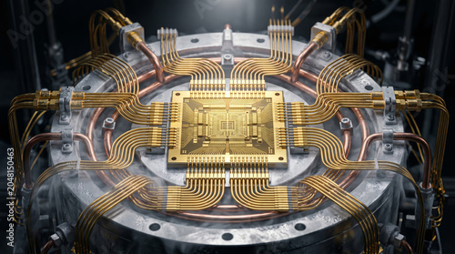 Intricately etched gold-plated micro-ribbons interconnected on a polished industrial metallic base with copper piping in a cryogenic processor chamber.