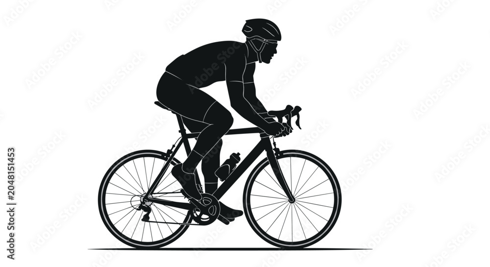 Obraz premium Silhouette of professional cyclist riding road bike at high speed, isolated on white background for sports, racing and fitness concepts.