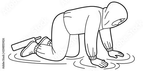Foto Person in hooded jacket crawling on ground line art