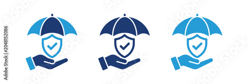 Insurance protection concept with hand holding umbrella and shield icon.