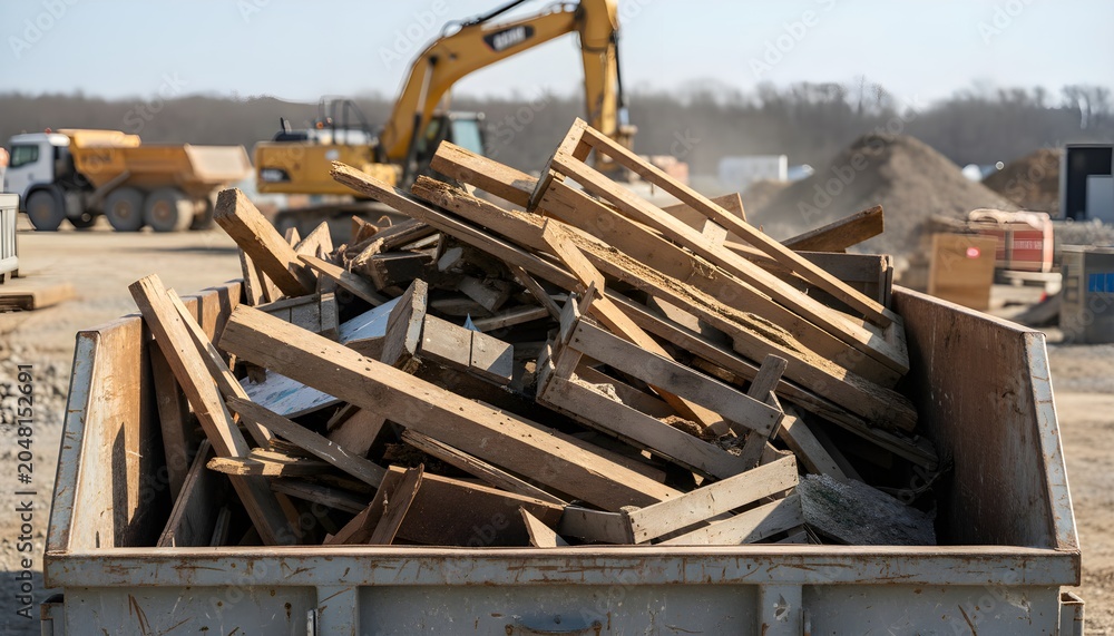 Fototapeta premium Industrial Construction Waste Wood Disposal Container at Active Building Site With Heavy Equipment Background