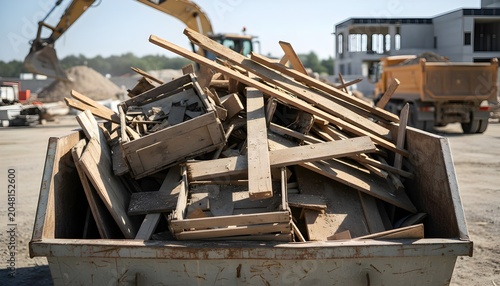 Industrial Construction Waste Wood Disposal Container at Active Building Site With Heavy Equipment Background