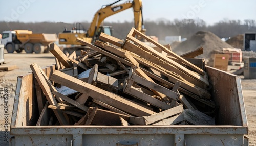 Industrial Construction Waste Wood Disposal Container at Active Building Site With Heavy Equipment Background