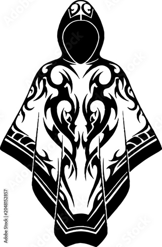 Hooded Poncho Cloak with Intricate Tribal Patterns