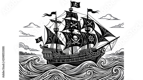 Foto Vintage Pirate Ship Sailing on Wavy Ocean, Black and White Illustration