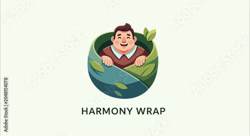 Happy Man Emerging from Green Leaf Wrap Logo