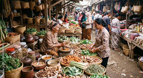 Traditional Indonesian herbal medicine market with vendor grinding spices using mortar and pestle surrounded by fresh herbs roots and jamu ingredients