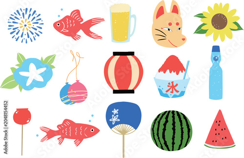 夏祭りのフラットシンプルなアイコンイラストかき氷・花火・金魚・ひまわり・サイダー・ビール・水風船・提灯・朝顔・向日葵・りんご飴・うちわ等