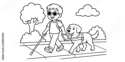 Child with White Cane and Guide Dog Coloring Page