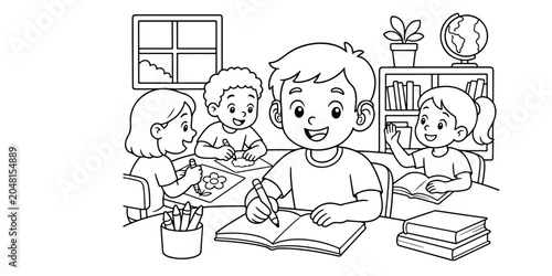 Child Wearing Hearing Aids in Classroom Coloring Page