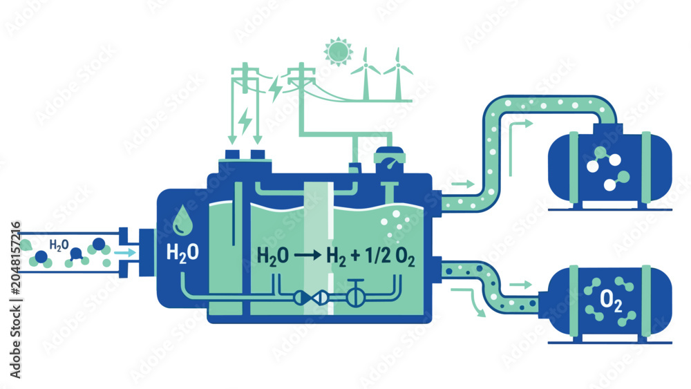 Obraz premium Green hydrogen electrolyzer system in flat minimalist style for renewable energy marketing