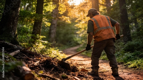Man clearing forest path with shovel at sunset ideal for park maintenance eco volunteer and environmental conservation concept