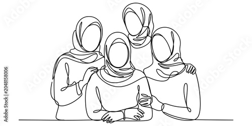 Photos Continuous one line drawing of a group of four happy women wearing hijabs posing