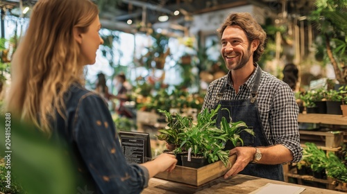 A male florist happily hands a potted green plant to a female customer in a vibrant, plant-filled shop.