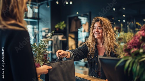 A smiling female cashier hands a shopping bag to a customer inside a cozy, stylish retail store with plants and warm lighting.