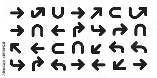 Minimalist black rounded arrow icons set featuring various turns curves and directional movements.