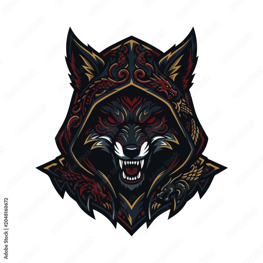 Obraz premium ornate hooded wolf esport mascot vector logo template