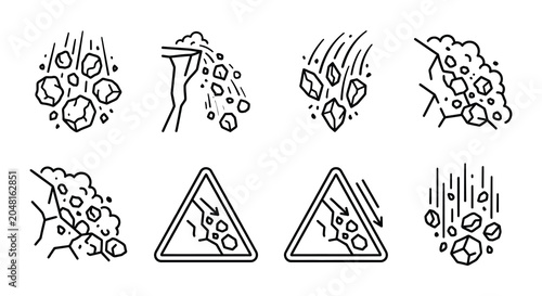 Fotografia Rockfall Hazard Icons Linear Vector Illustration On White Background