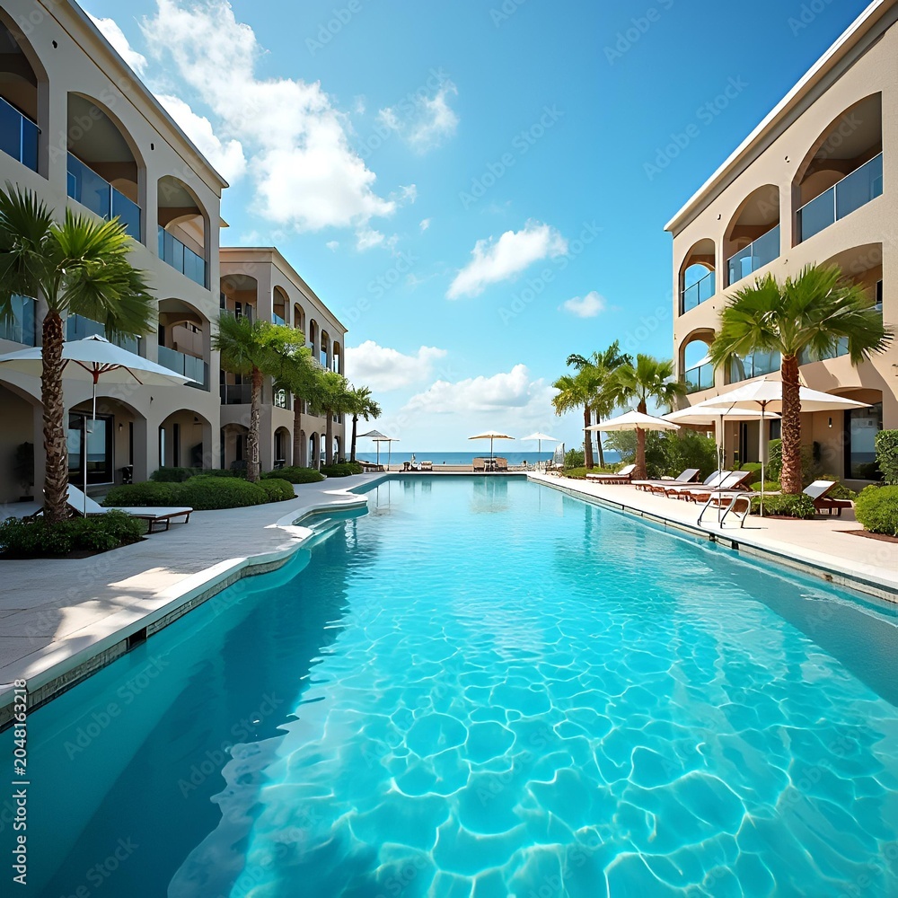 Fototapeta premium Swimming pool at a luxury coastal resort stretches between Mediterranean style buildings under a clear blue summer sky.