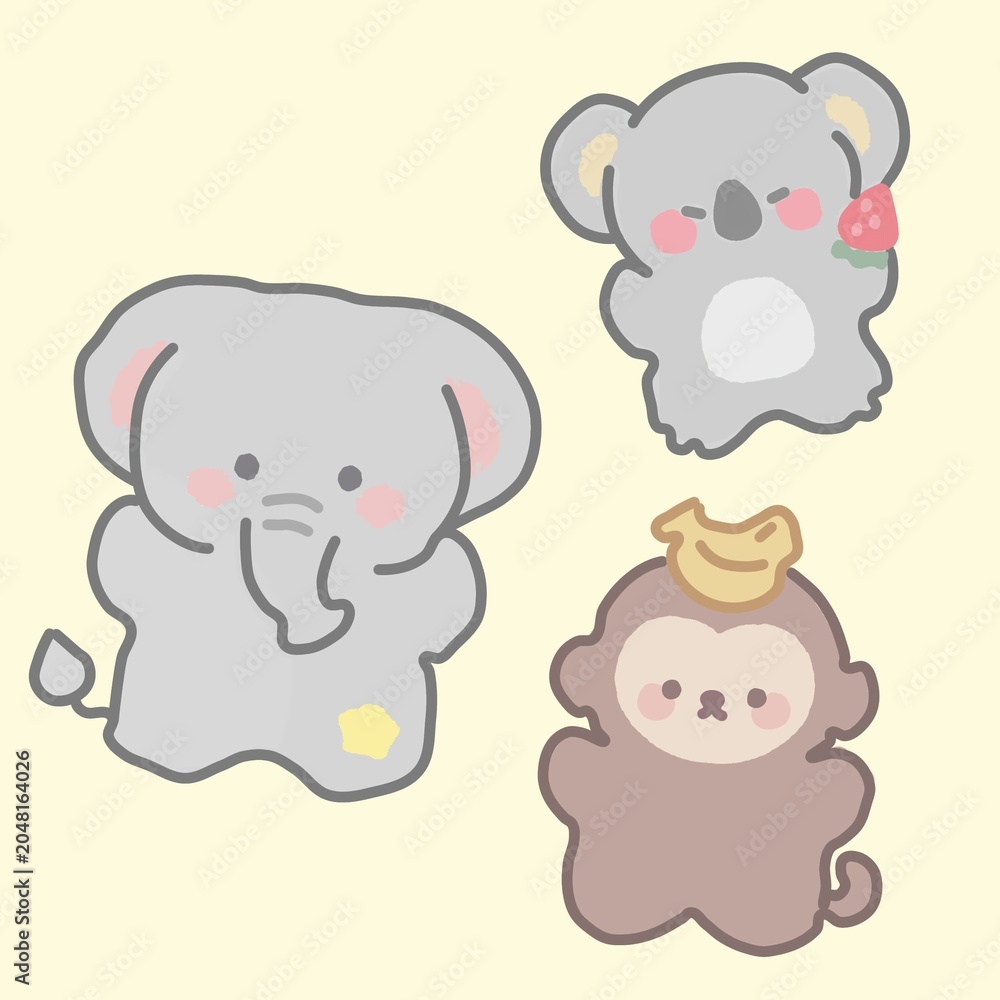 Fototapeta premium Cute Kawaii Elephant Koala and Monkey Cartoon Animal Character Vector Illustration Set