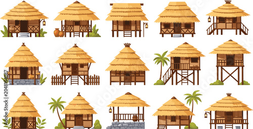 Foto Traditional Tropical Thatched Roof Wooden Hut Village House Collection Rural Cot