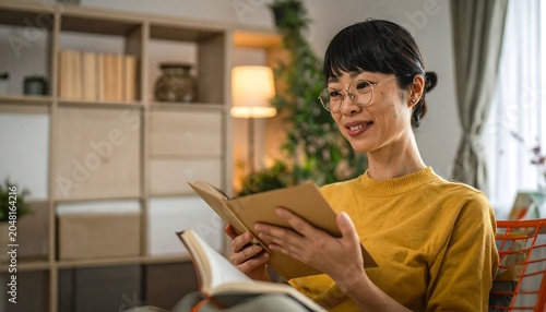 A woman in glasses reads a book, seated in a cozy living room with shelves, lamp and window