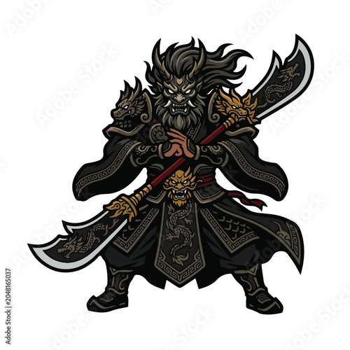 Traditional Chinese Dragon Warrior Samurai Mascot Vector Illustration
