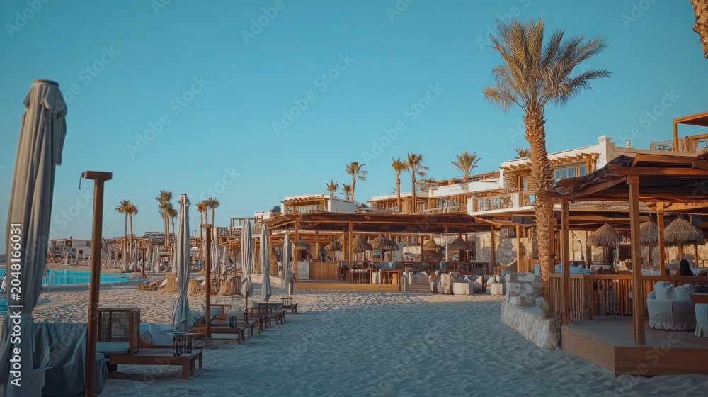 Fototapeta premium Beachfront resort area with wooden structures and palm trees.