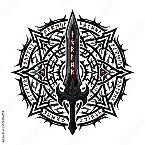 Viking Rune Sword Circular Emblem Vector Tattoo Design