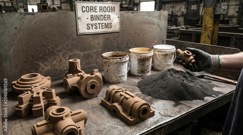Clay pottery and ceramic molds displayed on a worktable in a pottery workshop.