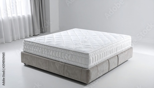 A white, quilted mattress rests atop a neutral-toned platform bed frame in a brightly lit room