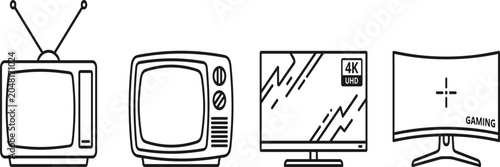 Television evolution line icons set, retro vintage TV with antenna, modern smart flat screen, ultra HD curved gaming monitor,