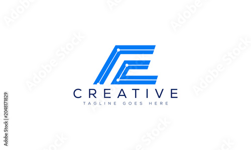 Blue letter e logo design with modern digital circuit lines