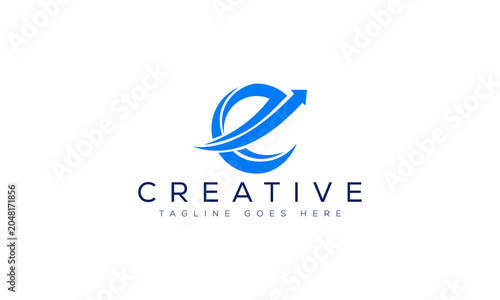 Blue letter e logo design with growth arrow symbol