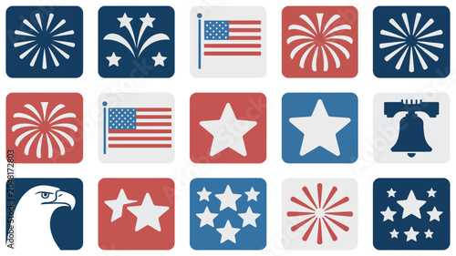 Set of patriotic american icons featuring flags fireworks eagles stars and liberty bells.