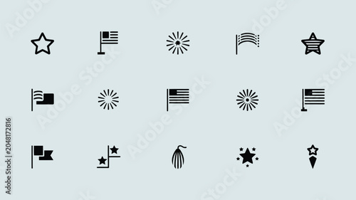 Minimalist black silhouette icon set of american patriotic symbols for simple design.