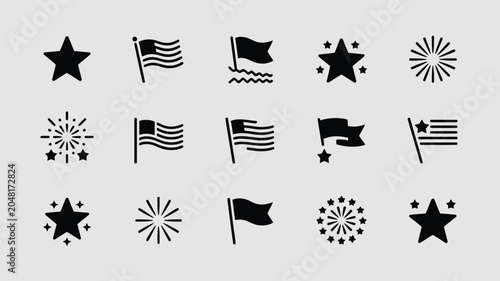 Modern black glyph style icon set featuring assorted american patriotic design elements.
