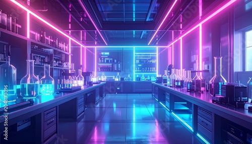 Futuristic Laboratory with Neon Lights and Scientific Equipment.