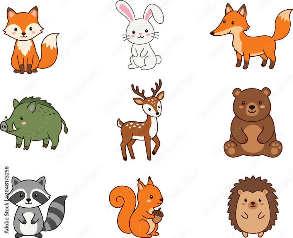 Fototapeta premium Woodland animals cartoon illustration featuring fox, rabbit, deer, bear, raccoon, squirrel, hedgehog, and boar symbolizing nature, lifestyle, creativity, and design concepts